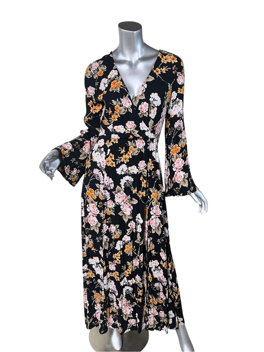 Abound Women's Medium Flared Sleeve Maxi Dress Floral Black V Neck Faux Wrap